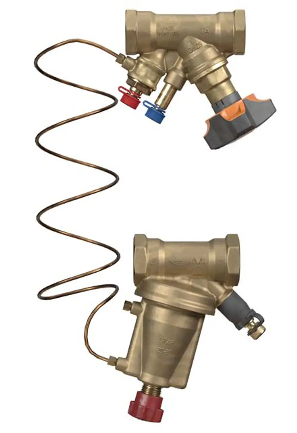 Zwei TA Regeleinheiten von IMI Hydronic Engineering mit mehreren Anschlüssen, Steuerventilen und flexiblen Rohrleitungen für hydraulische Systeme.